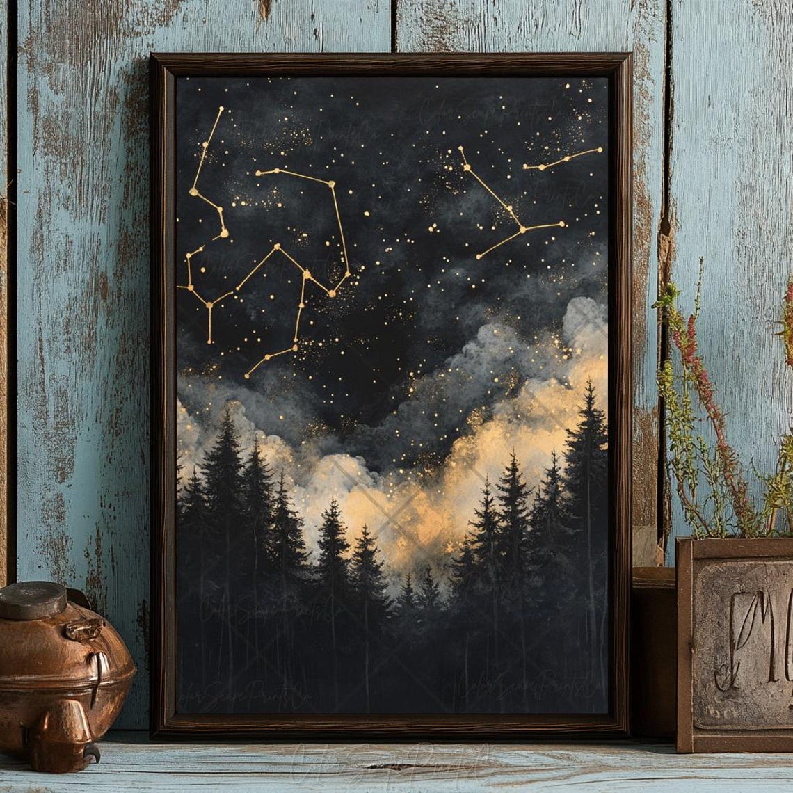 Gold Constellation Map Starry Night Over Pine Forest Silhouette Poster - Image 2