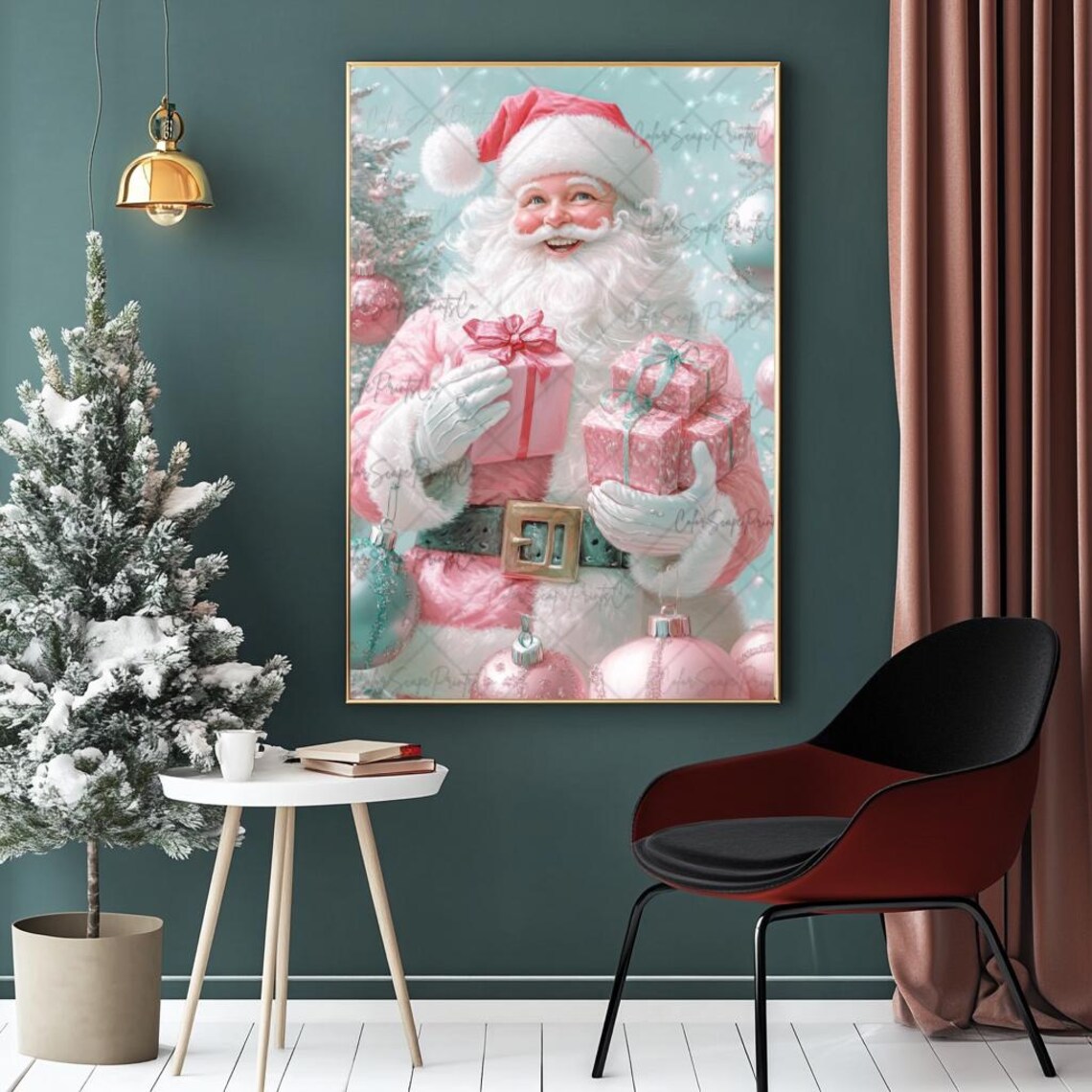 Jolly Pink Santa Claus With Gifts Pastel Christmas Decor Poster - Image 3
