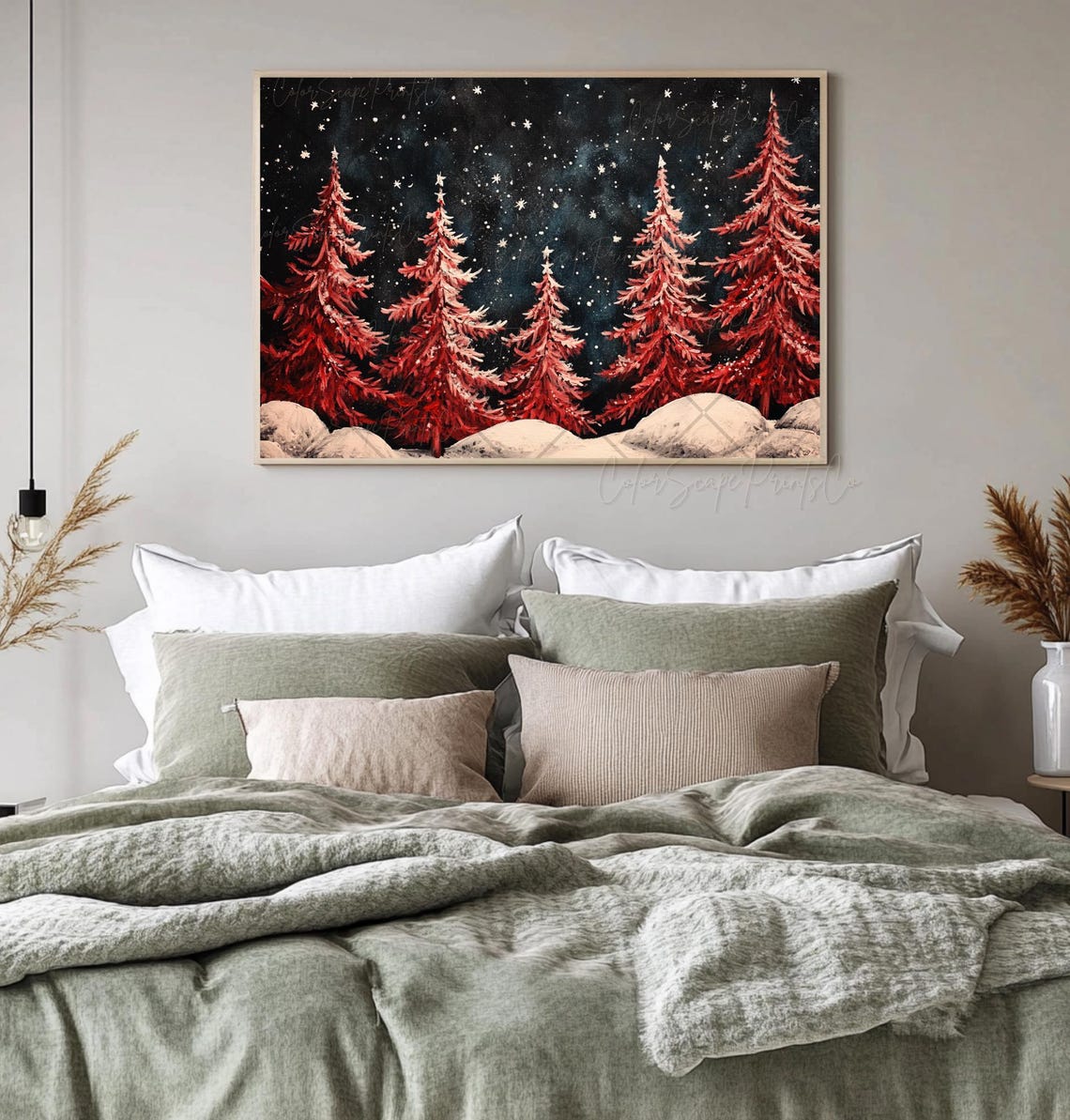 Red Christmas Trees in Snow Under Starry Black Night Sky Art Poster - Image 2