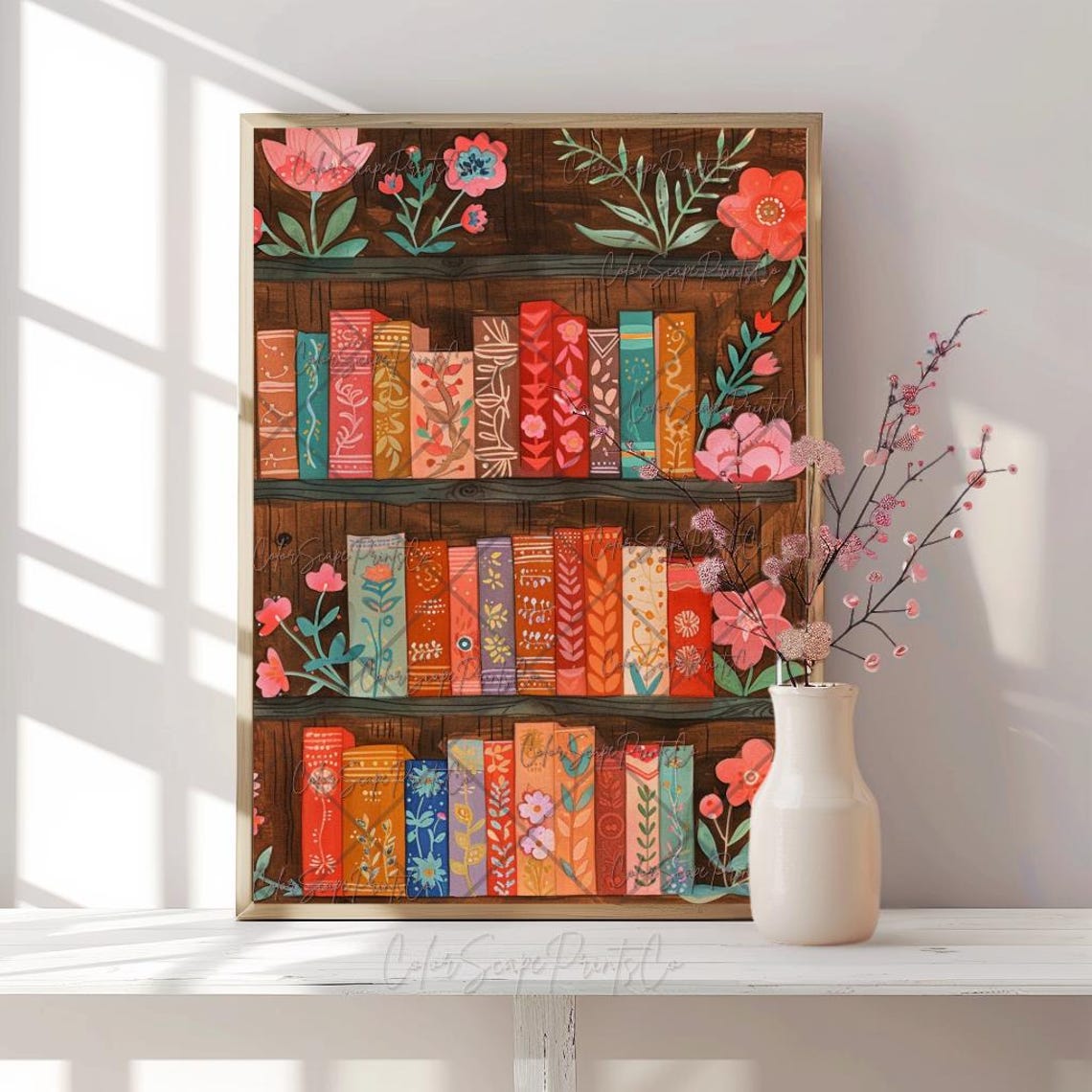 Cozy Colorful Books on Wooden Shelf Library Reading Nook Poster - Image 2