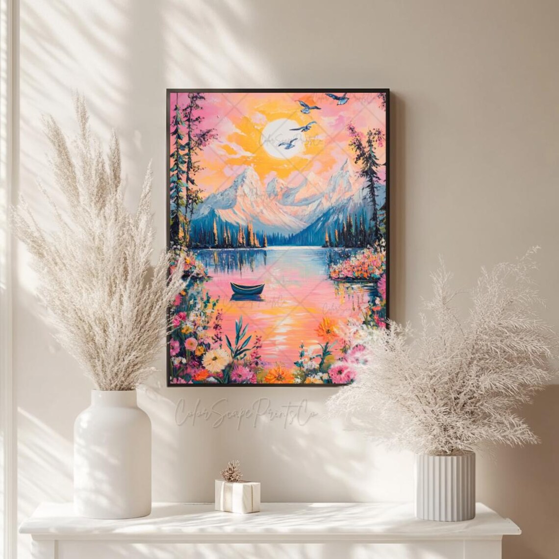 Mountain Lake Sunrise with Canoe Birds and Wildflowers Poster - Image 2