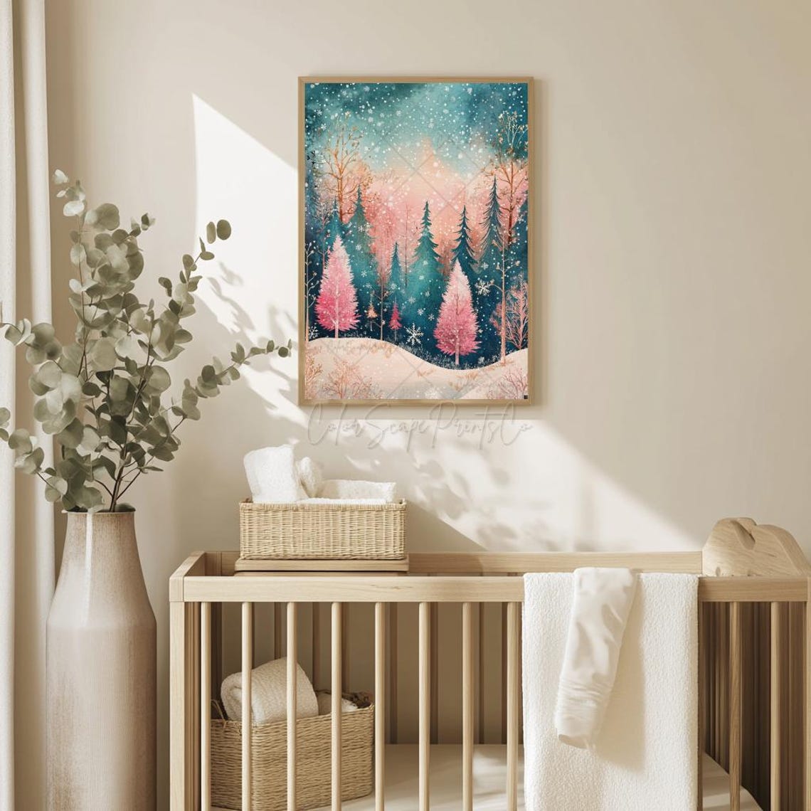Pink Winter Forest Snowy Whimsical Christmas Trees Poster Art - Image 3