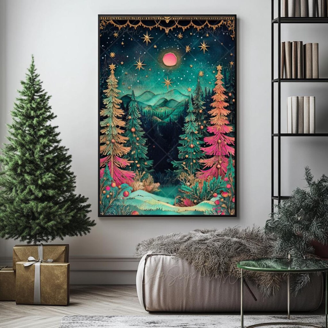 Whimsical Christmas Trees, Winter Wonderland Art Print - Image 2
