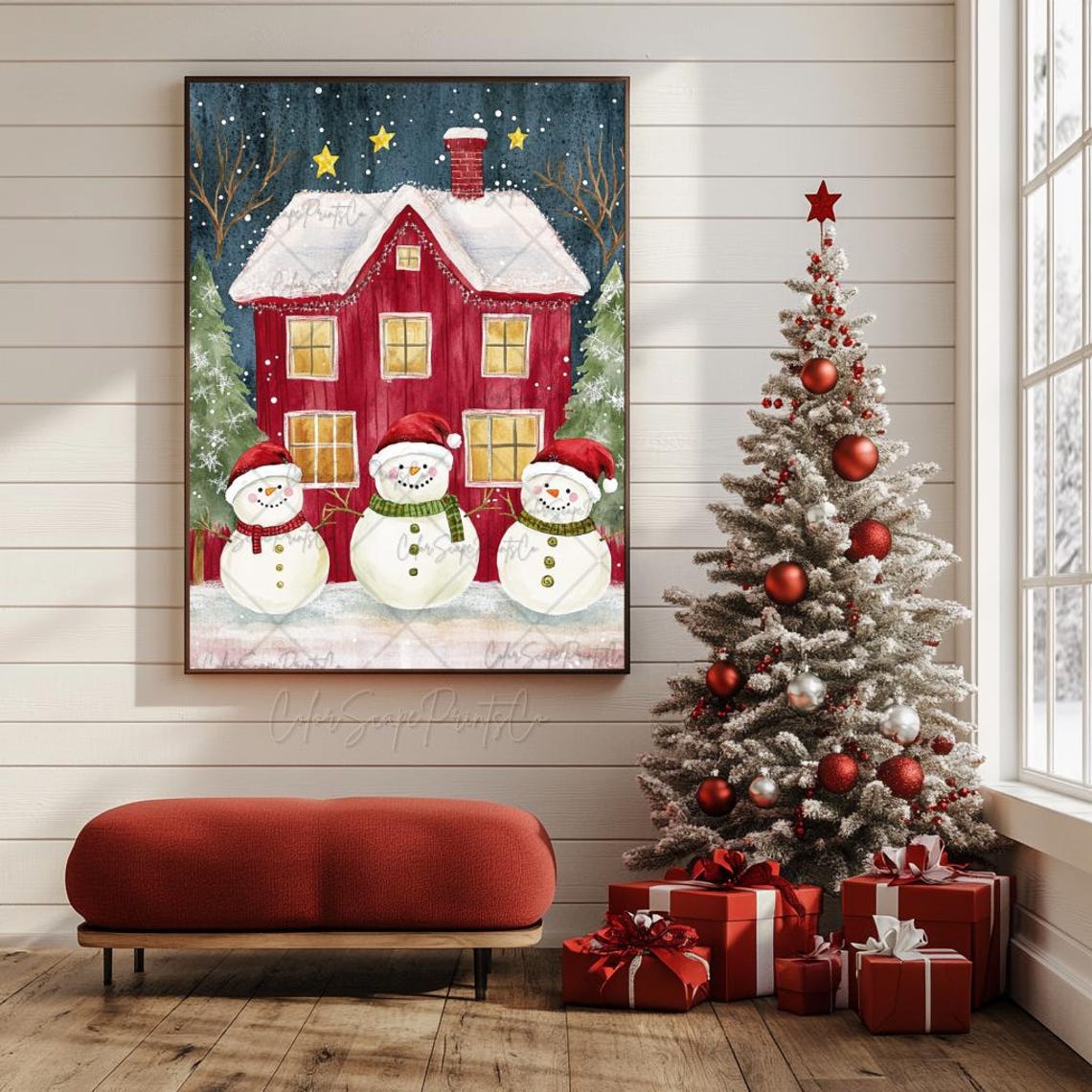 Christmas Village Print Snowman Painting Festive House Print Snowy Landscape Print Red Christmas House Christmas Mantle Decor Festive Decor - Image 4