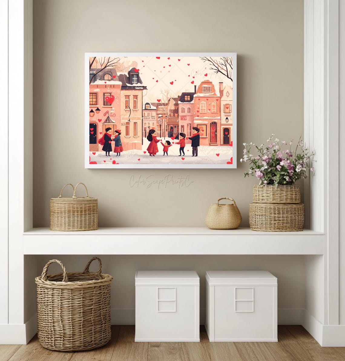 Valentines Day City Street with Falling Hearts Romantic Scene Poster - Image 3