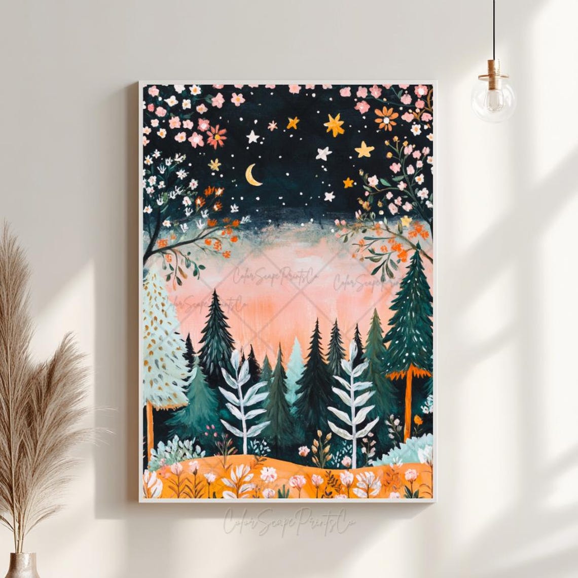 Moonlit Pine Forest Painting Crescent Moon Starry Night Wall Art - Image 4