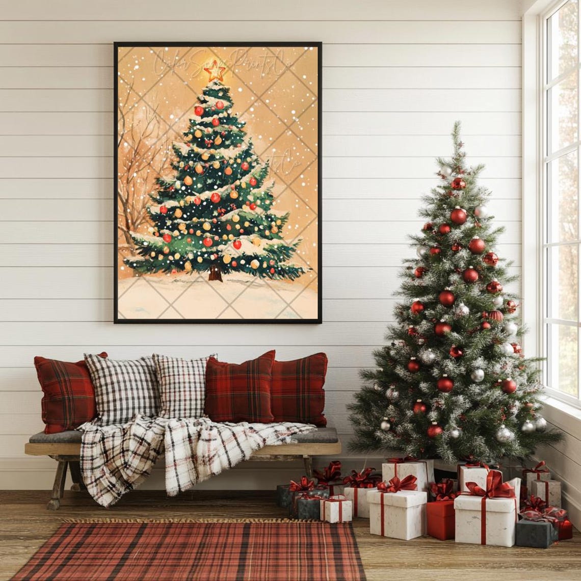 Snowy Christmas Tree with Red and Gold Ornaments Warm Beige Poster - Image 3