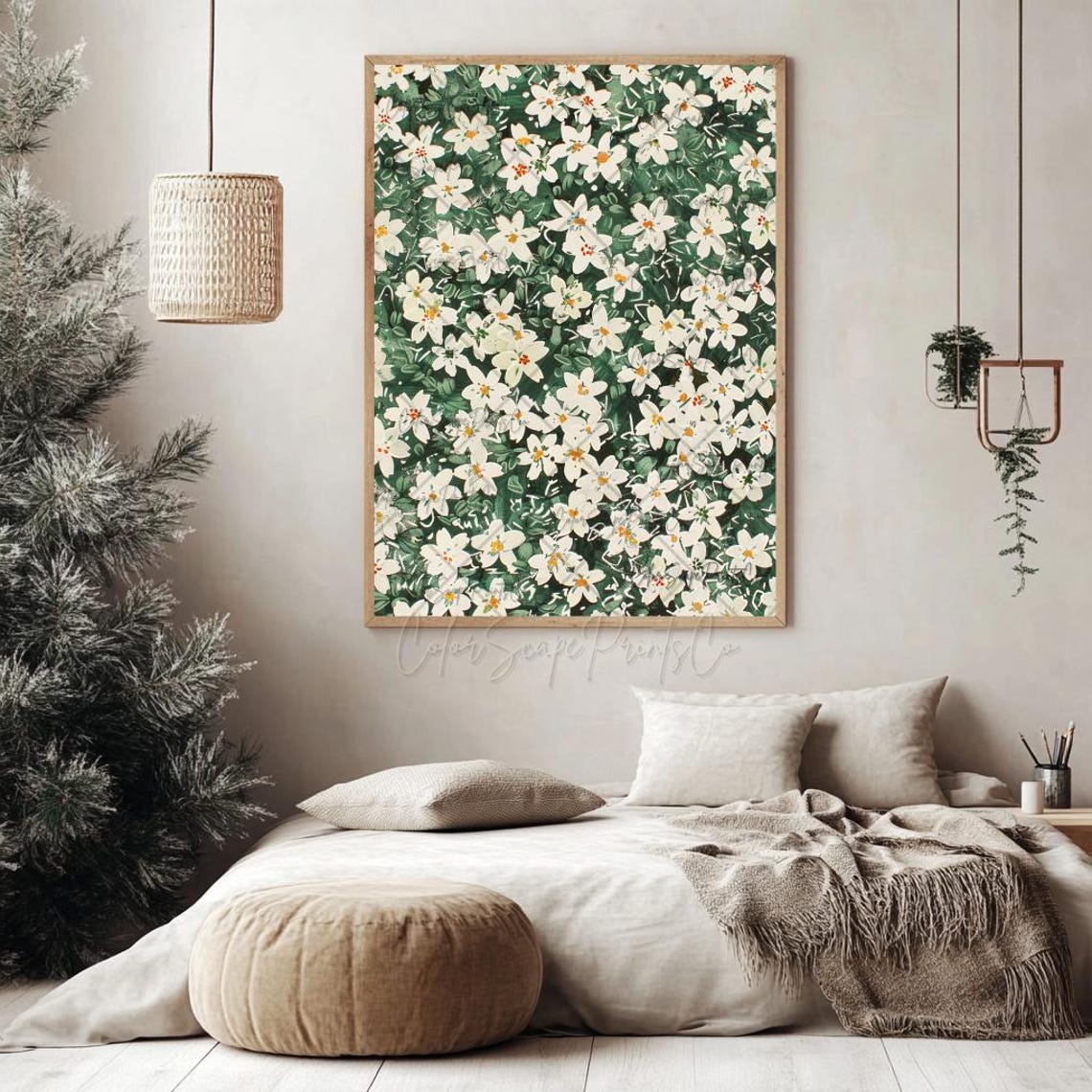 White Jasmine Wildflower Meadow Green Lush Botanical Art Poster - Image 3