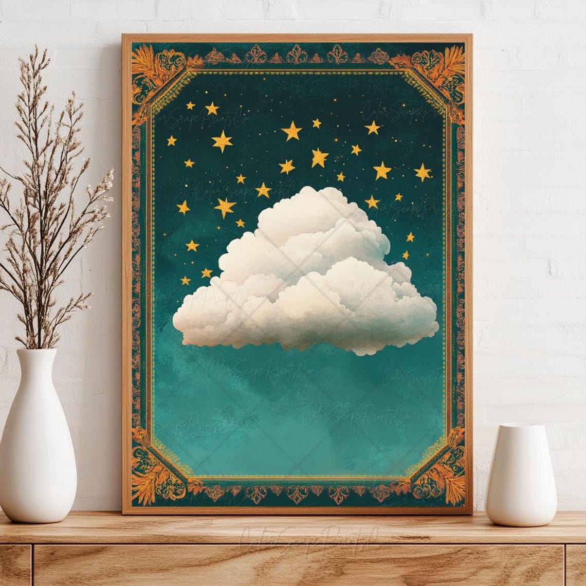 Fluffy White Cloud Starry Teal Night Sky Celestial Art Poster - Image 4
