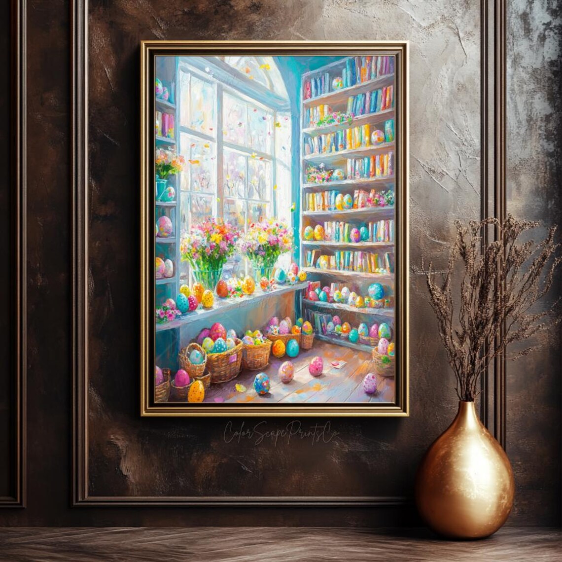 Easter Bookshop Painting Colorful Eggs Baskets Bookshelf Window Poster - Image 3