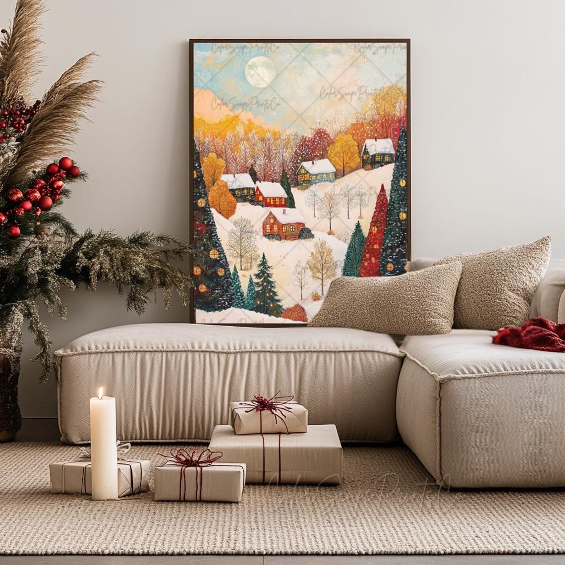 Snowy Village with Autumn Gold Trees Under Pale Moon Light Poster - Image 4
