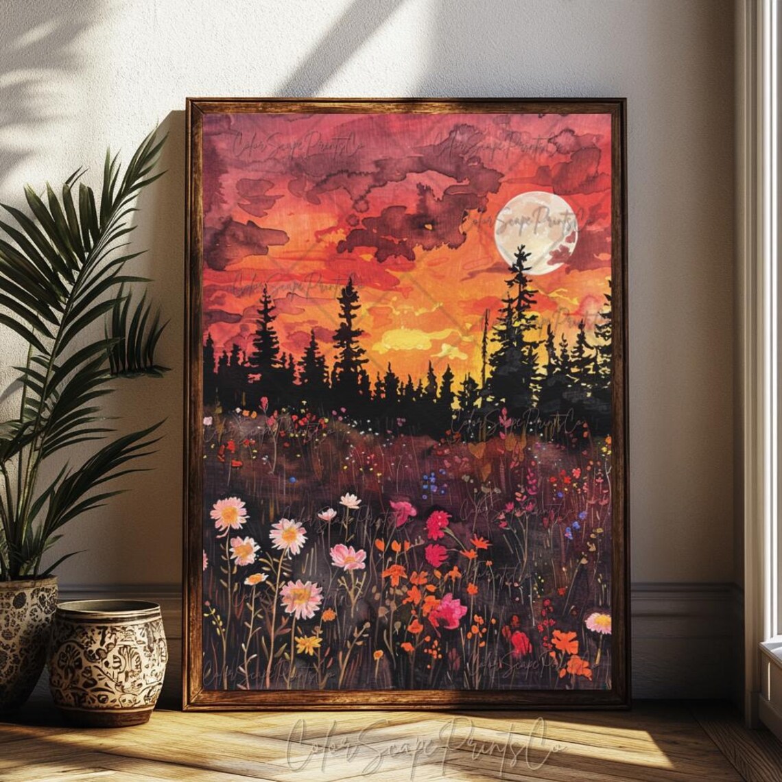 Field Of Flowers Painting Sunset Mountain Print Wildflower Field Framed Wall Art Botanical Landscape Sign Sun And Moon Sunset Wildflower Art - Image 3