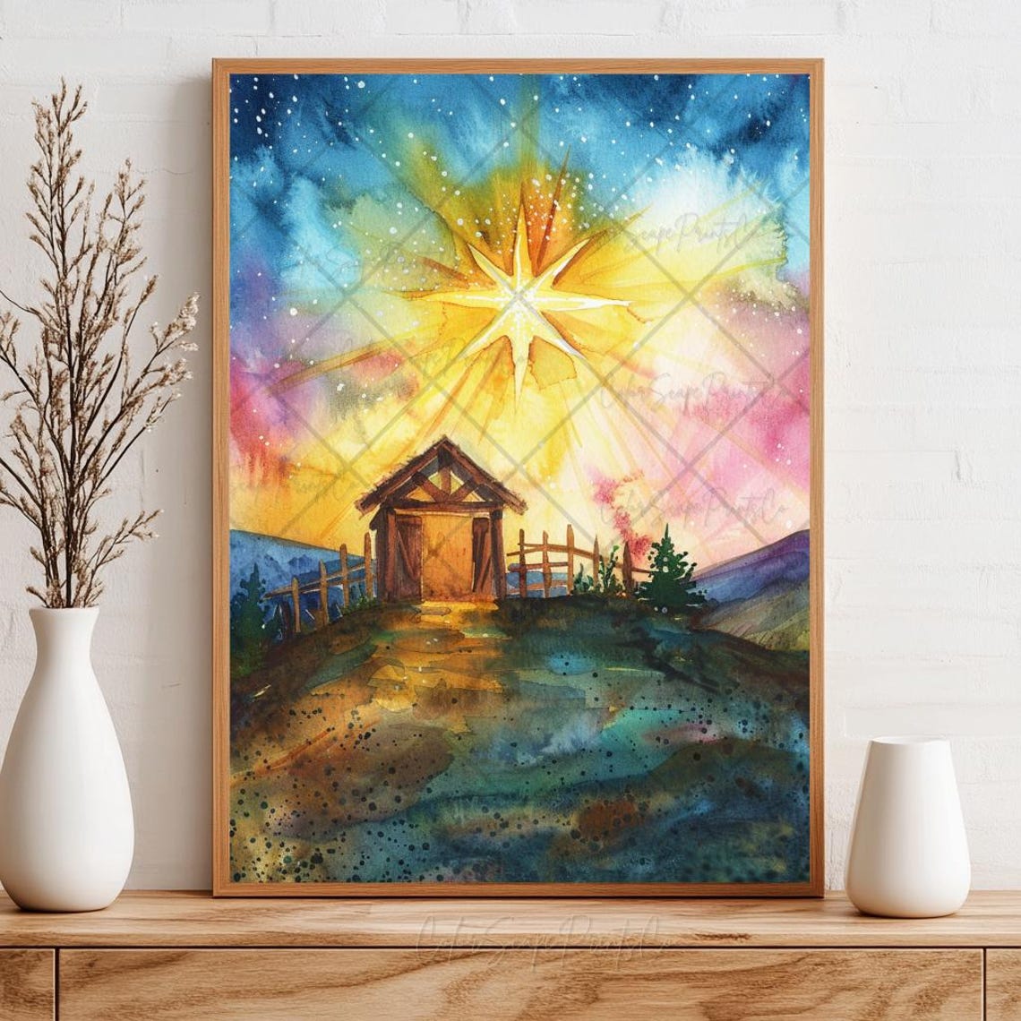 Star Of Bethlehem Painting Colorful Nativity Wall Art Manger Scene Print Christmas Star Print Christmas Landscape Painting Nativity Star Art - Image 3