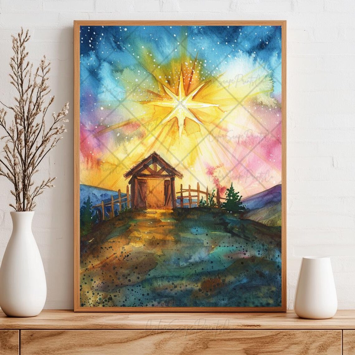 Star of Bethlehem Watercolor Manger Scene Radiant Sky Poster - Image 3