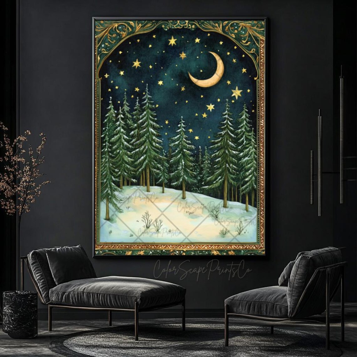 Enchanted Winter Forest Crescent Moon Stars Vintage Storybook Poster - Image 3