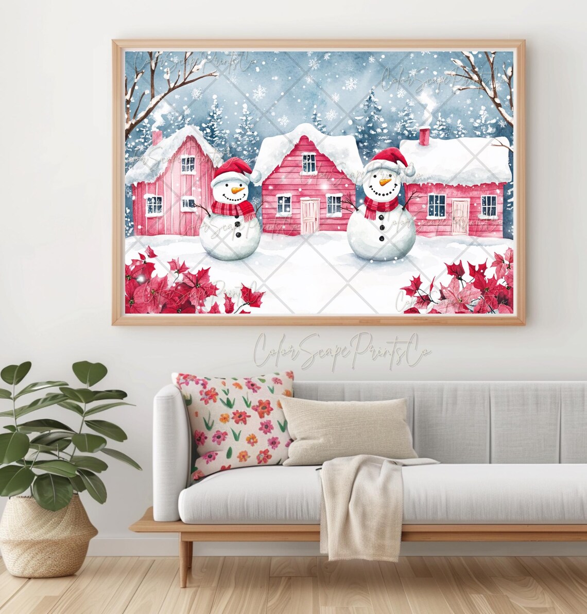 Pink Christmas Village Painting, Festive House Art Print - Image 4