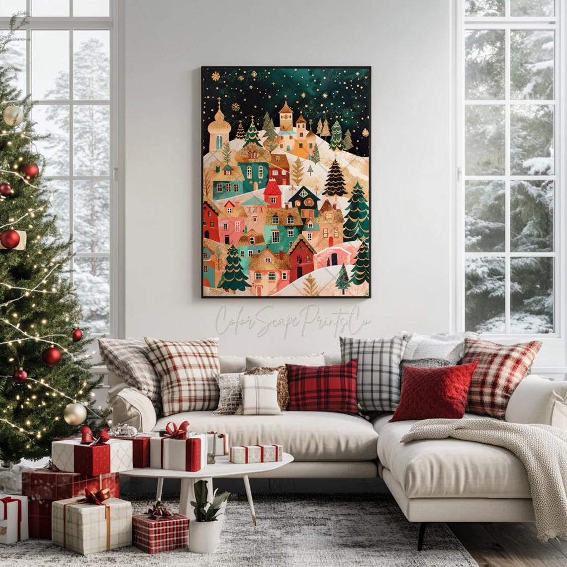 Colorful Christmas House Print Christmas Village Art Winter Wonderland Painting Starry Christmas Night Festive Illustration Holiday Wall Art - Image 3