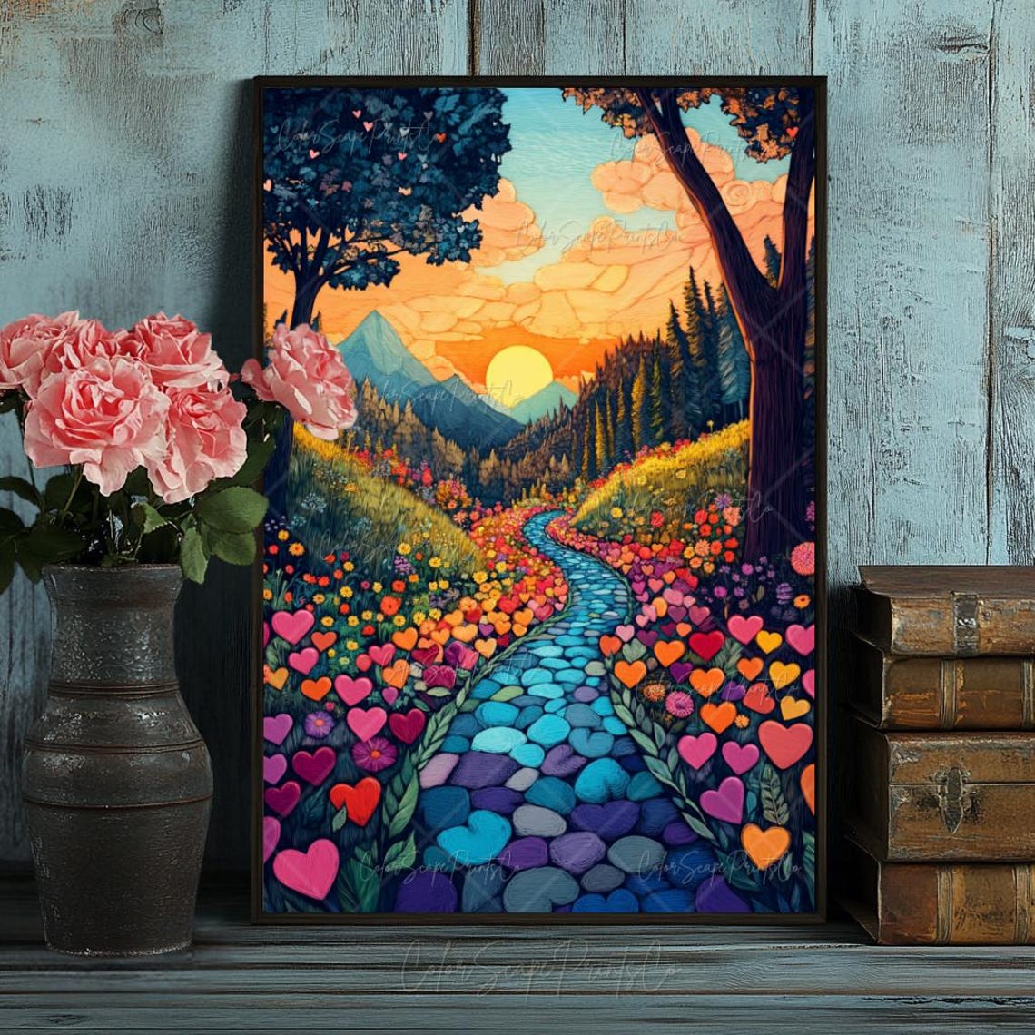 Colorful Mountain Valley Sunset Painting with Heart Garden Poster - Image 4