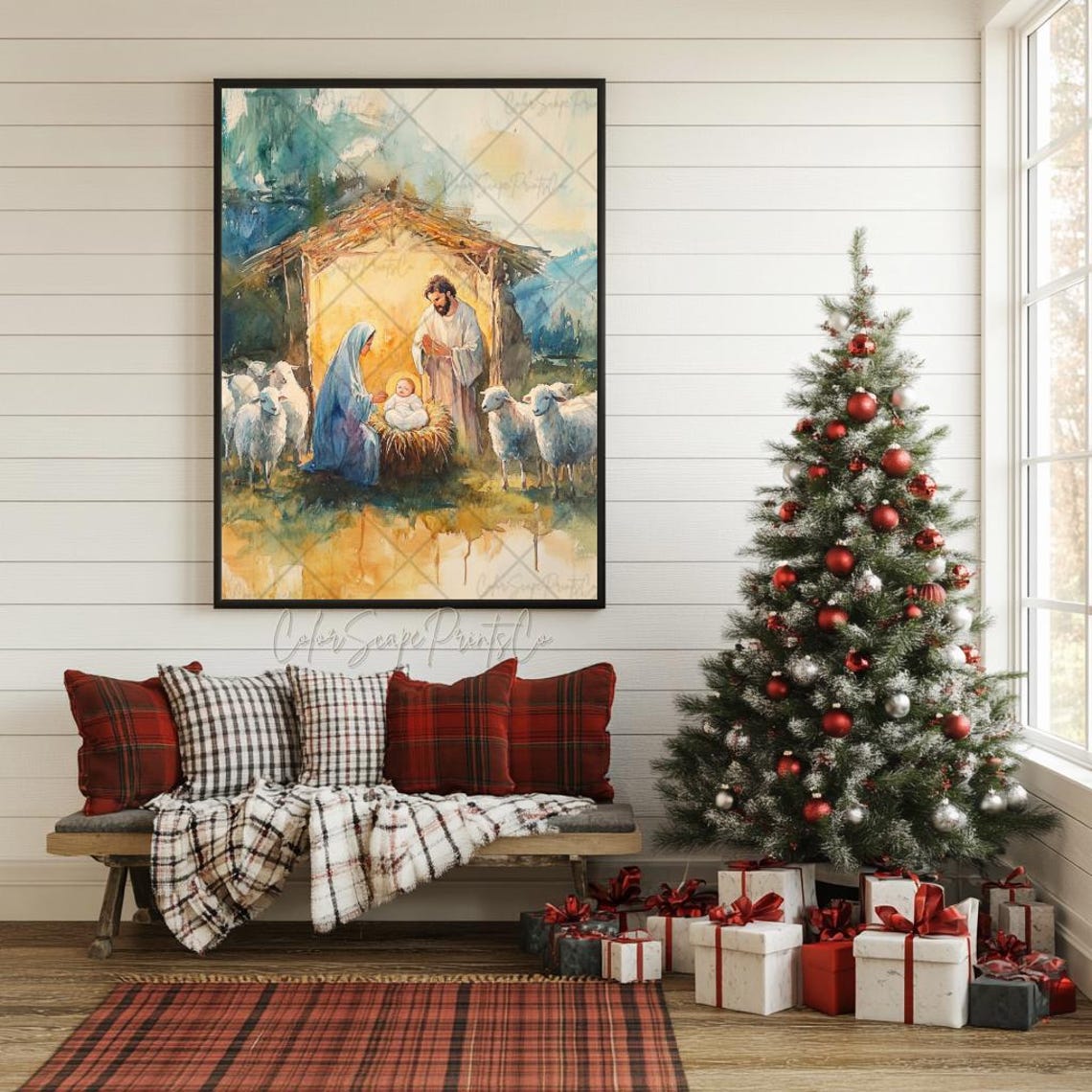 Jesus in the Holy Manger Nativity Scene Mary Joseph Sheep Poster - Image 2