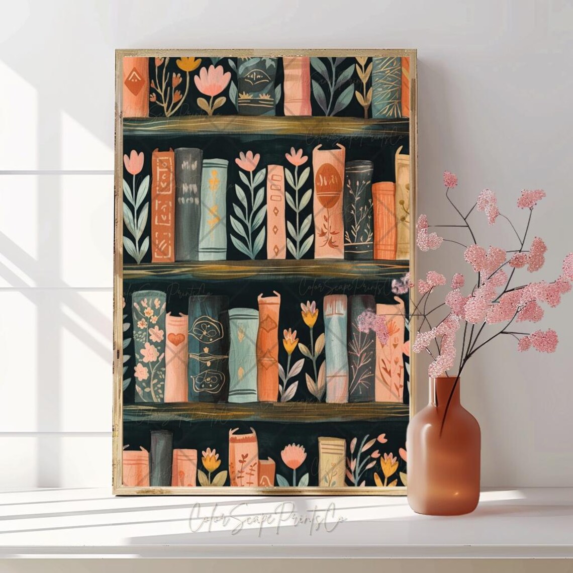 Dark Academia Bookshelf Illustrated Books and Flowers Poster - Image 4