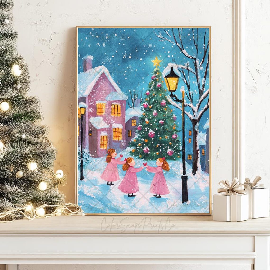 Christmas Carolers Girls Dancing in Snowy Village Square Wall Art - Image 4
