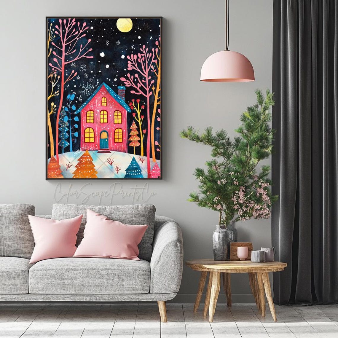 Cute Pink House Snowy Night Moon Winter Wonderland Poster Art - Image 3
