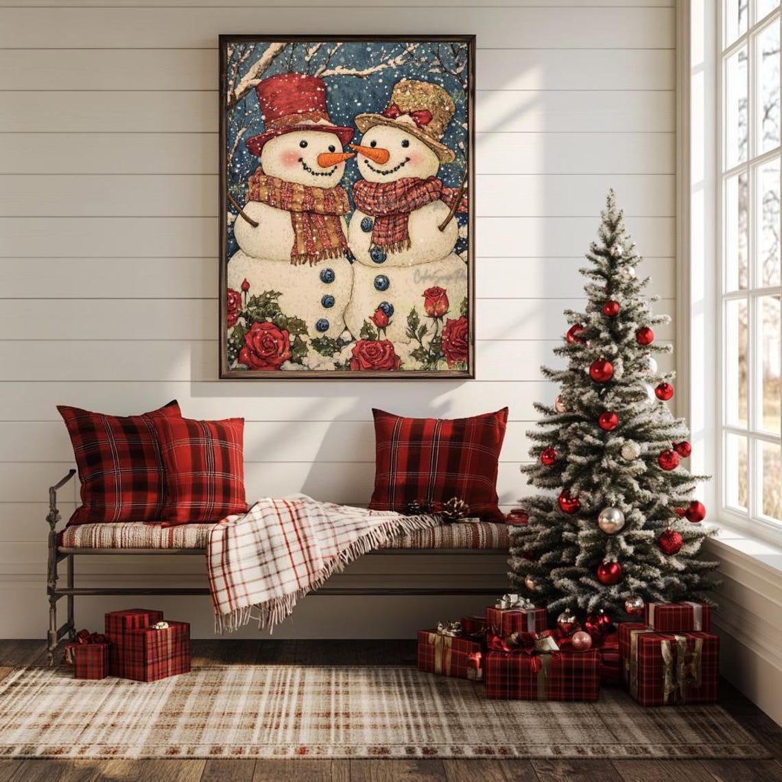 Cute Snowman Painting Christmas Wall Art Snowman Couple Print Pink Snowman Family Winter Print Snowman Lover Gift Nursery Holiday Wall Decor - Image 2