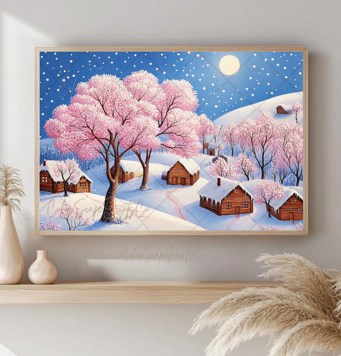 Pink Christmas Village Wall Art Whimsical Winter Wonderland Winter Landscape Pastel Christmas Wall Art Pink Trees Snowy Landscape Painting