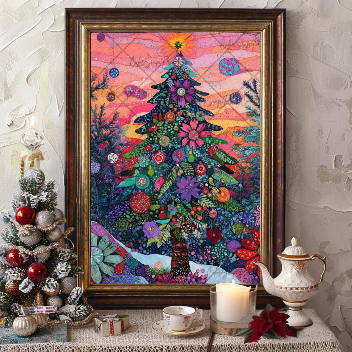 Tropical Floral Christmas Tree Sunset Sky Whimsical Holiday Poster - Image 4