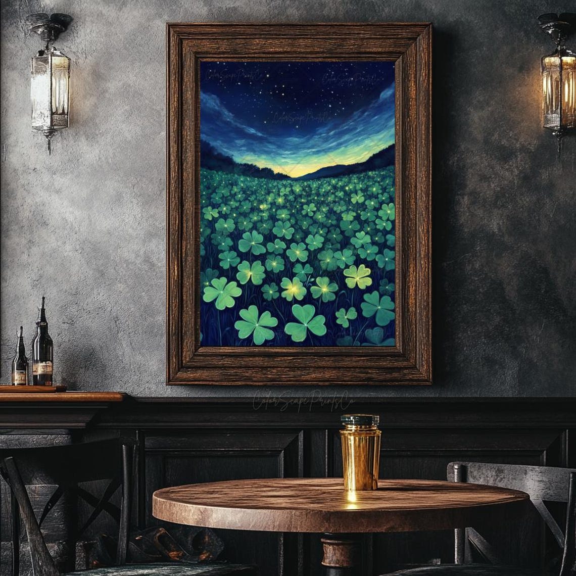 Shamrock Field Under Starry Night Sky St Patricks Day Painting Poster - Image 3