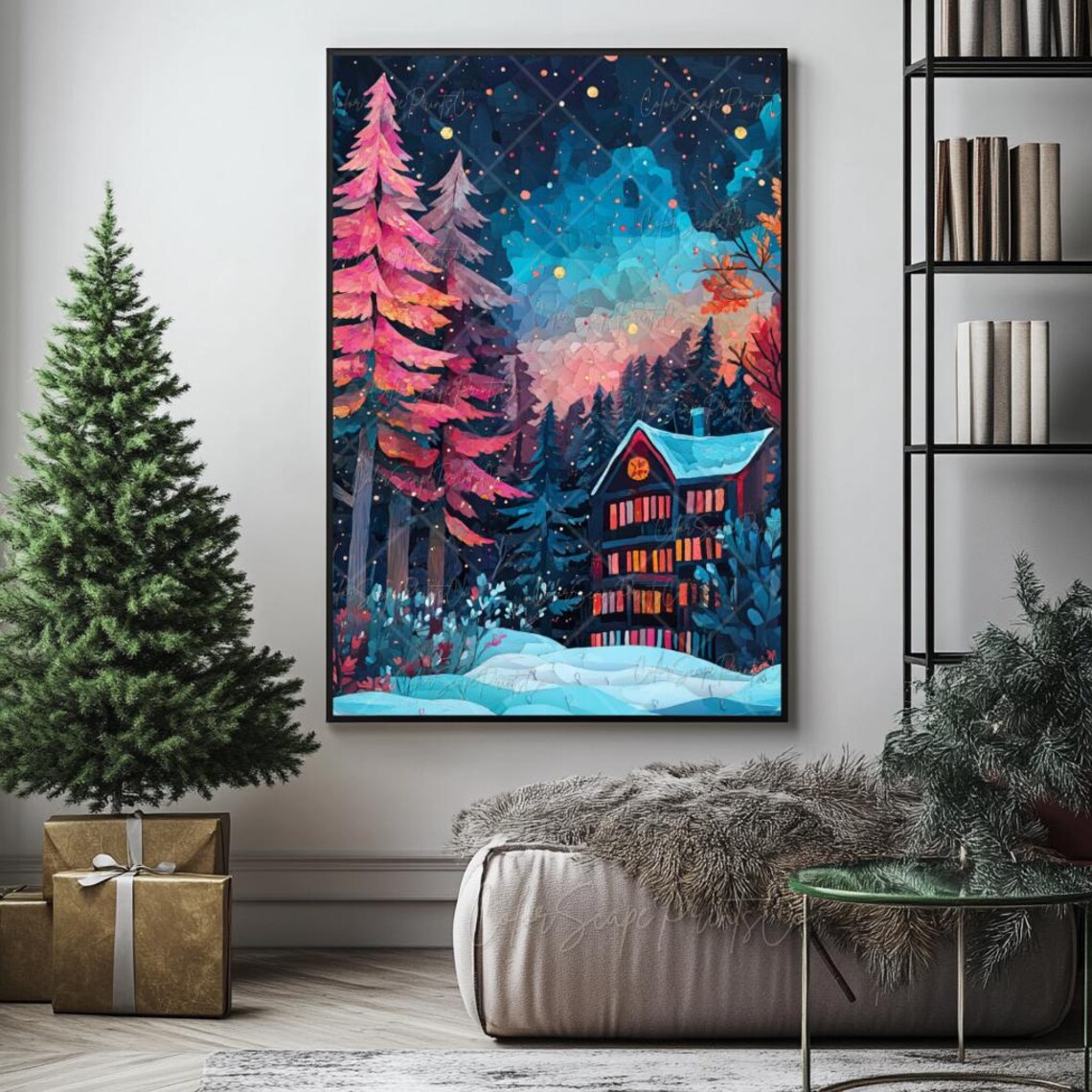 Warm Lit Cabin in Snowy Woods at Night Under Colorful Aurora Sky Poster - Image 4