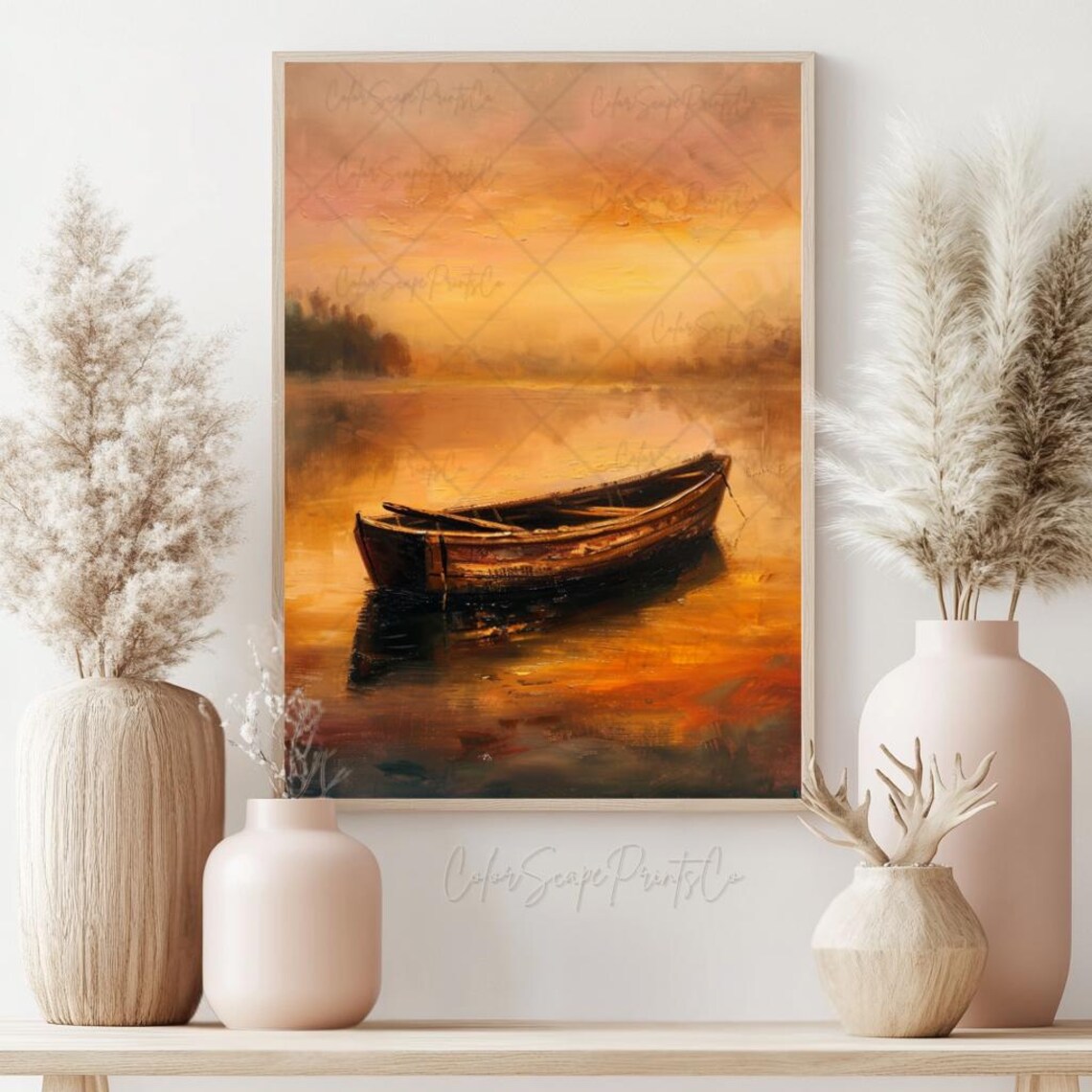 Sunset Painting Sunset Lake Print Sunset Landscape Art Golden Hour Painting Boat Painting Sunset Over Water Print Lake Scenery Print - Image 3