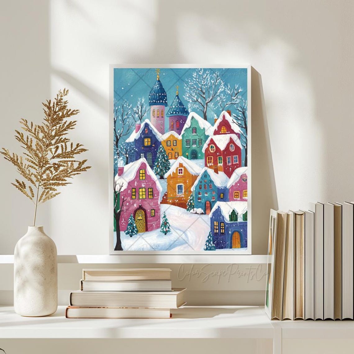 Christmas Village Print Christmas House Art Winter Wonderland Print Whimsical Christmas Landscape Snowy Village Cozy Winter Holiday Wall Art - Image 2