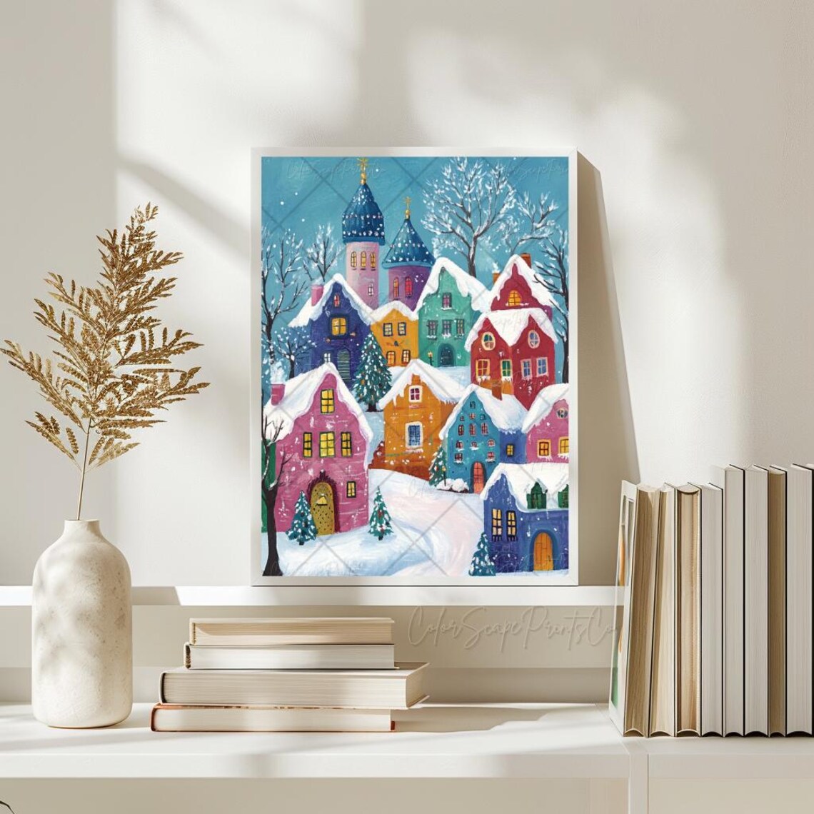 Colorful Snowy Christmas Village Under Starry Blue Sky Painting Poster - Image 2
