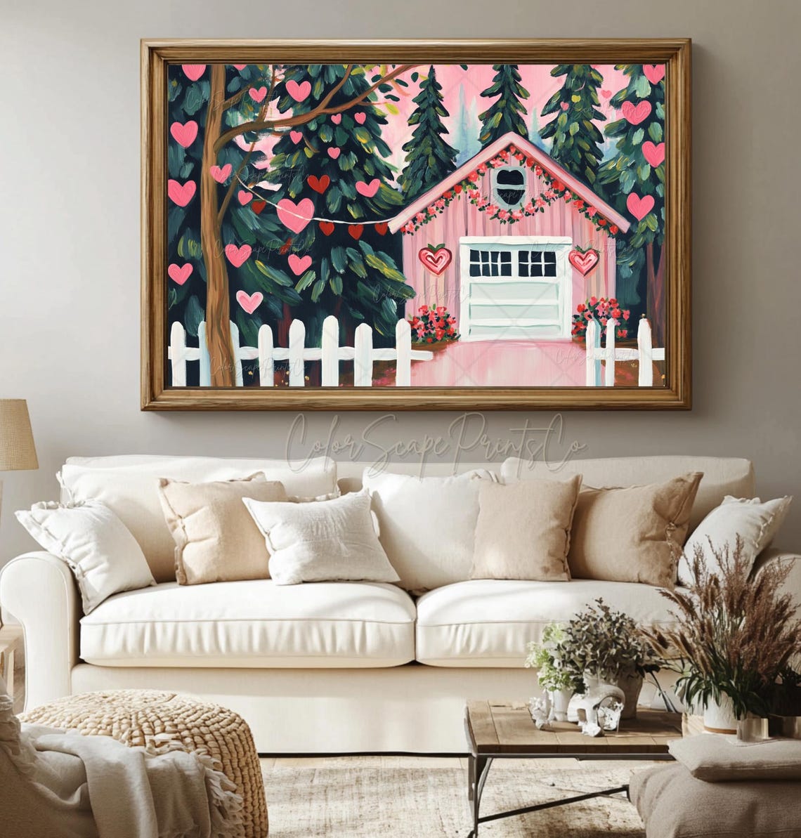 Valentines Pink Cabin with Hearts and White Picket Fence Poster - Image 4