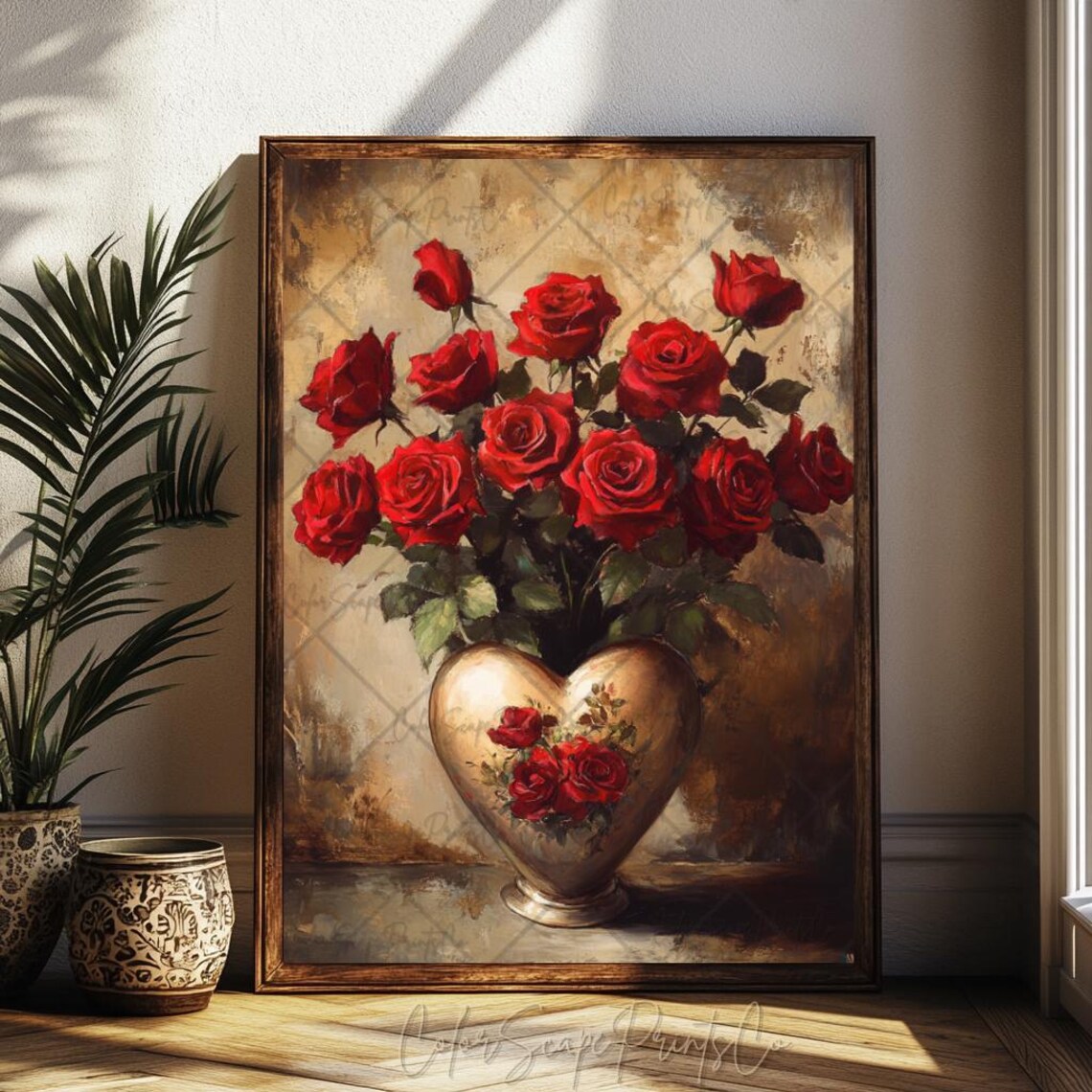 Red Roses in Heart Shaped Vase Vintage Oil Still Life Poster - Image 4