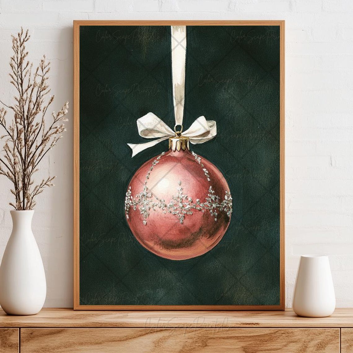 Pink Christmas Ornament Print Pink Christmas Bauble Painting Jewel Tone Christmas Print Pink Christmas Festive Print Holiday Print - Image 3