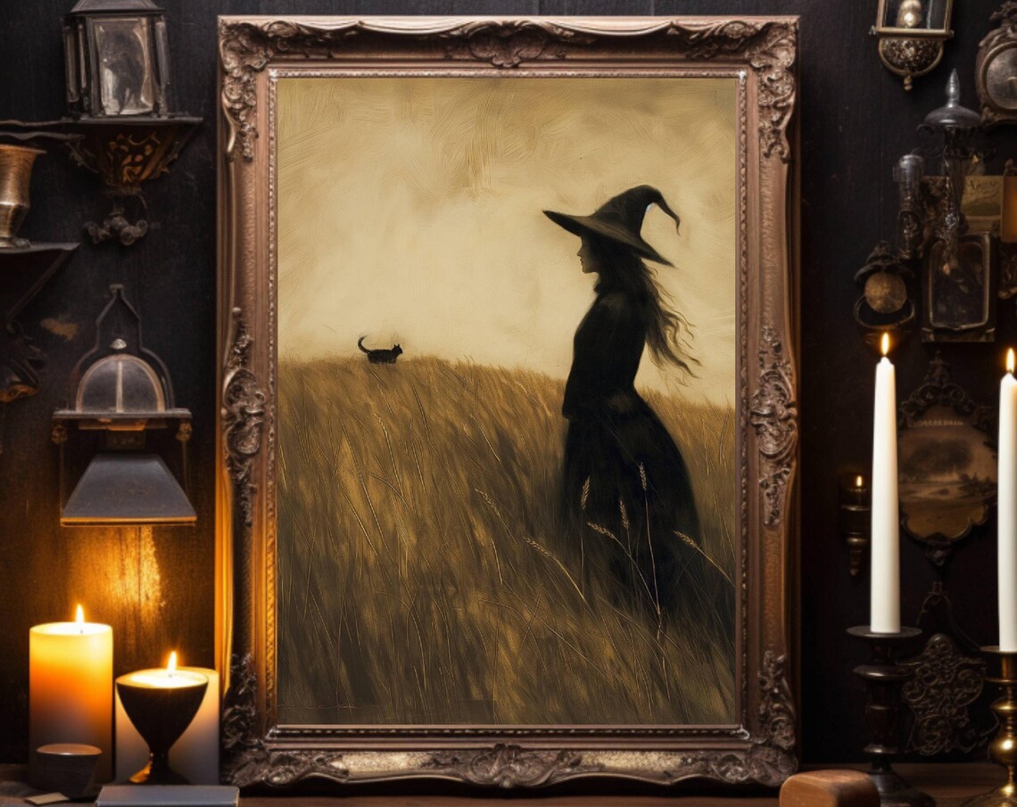 Witch And Black Cat Silhouette In A Golden Wheat Field Poster