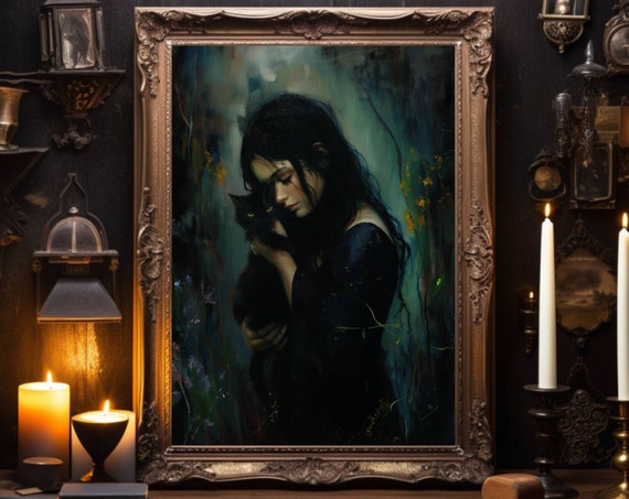 Girl With Black Cat Poster Dark Academia Art Moody Art Print Pretty Whimsigoth Wall Art Black Cat Lover Gift Unframed