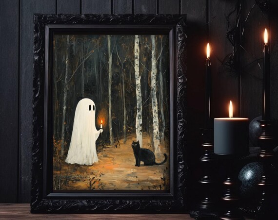 Black Cat And Ghost In Forest, Whimsigoth Art Print
