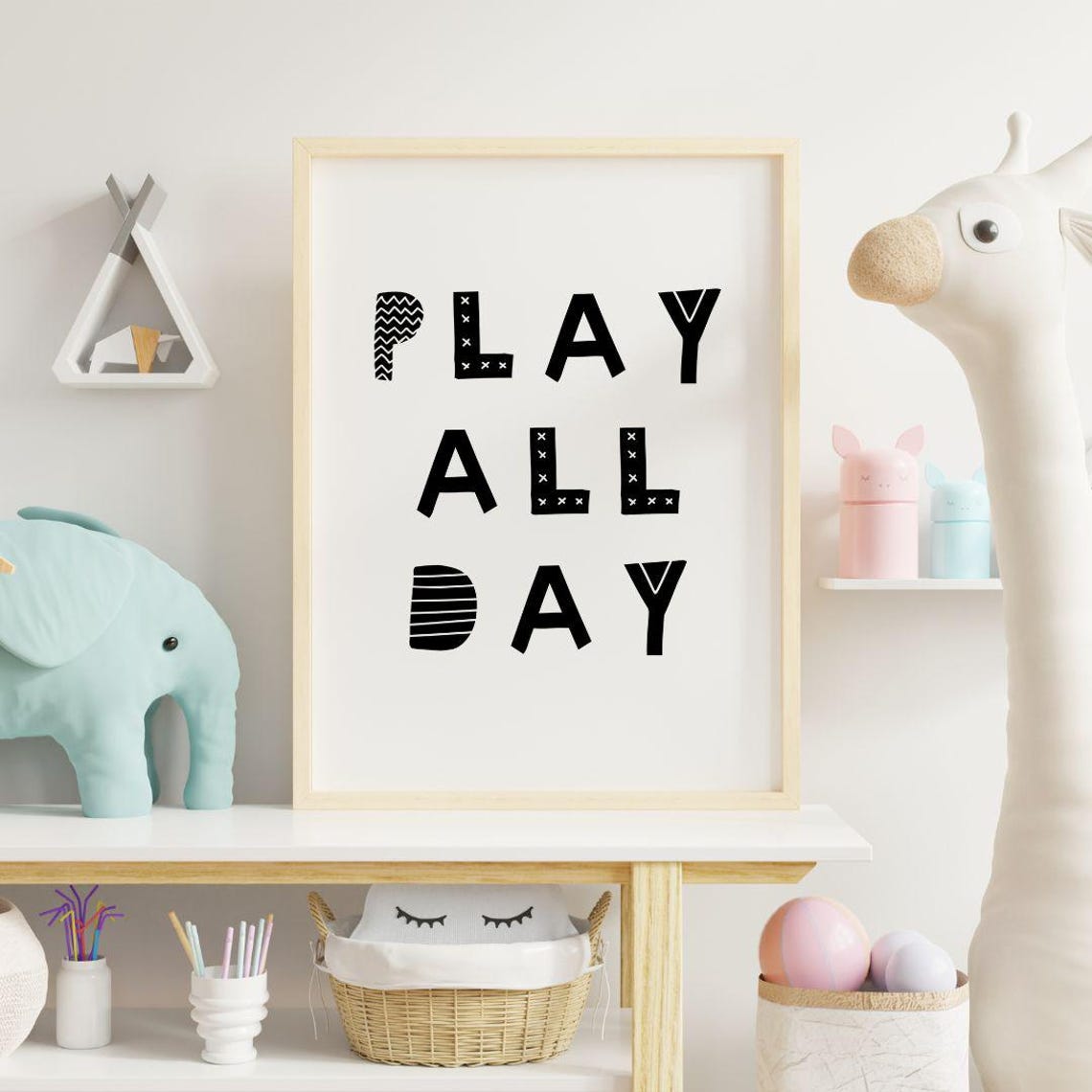Play All Day Black Patterned Letters Scandi Nursery Room Poster - Image 2