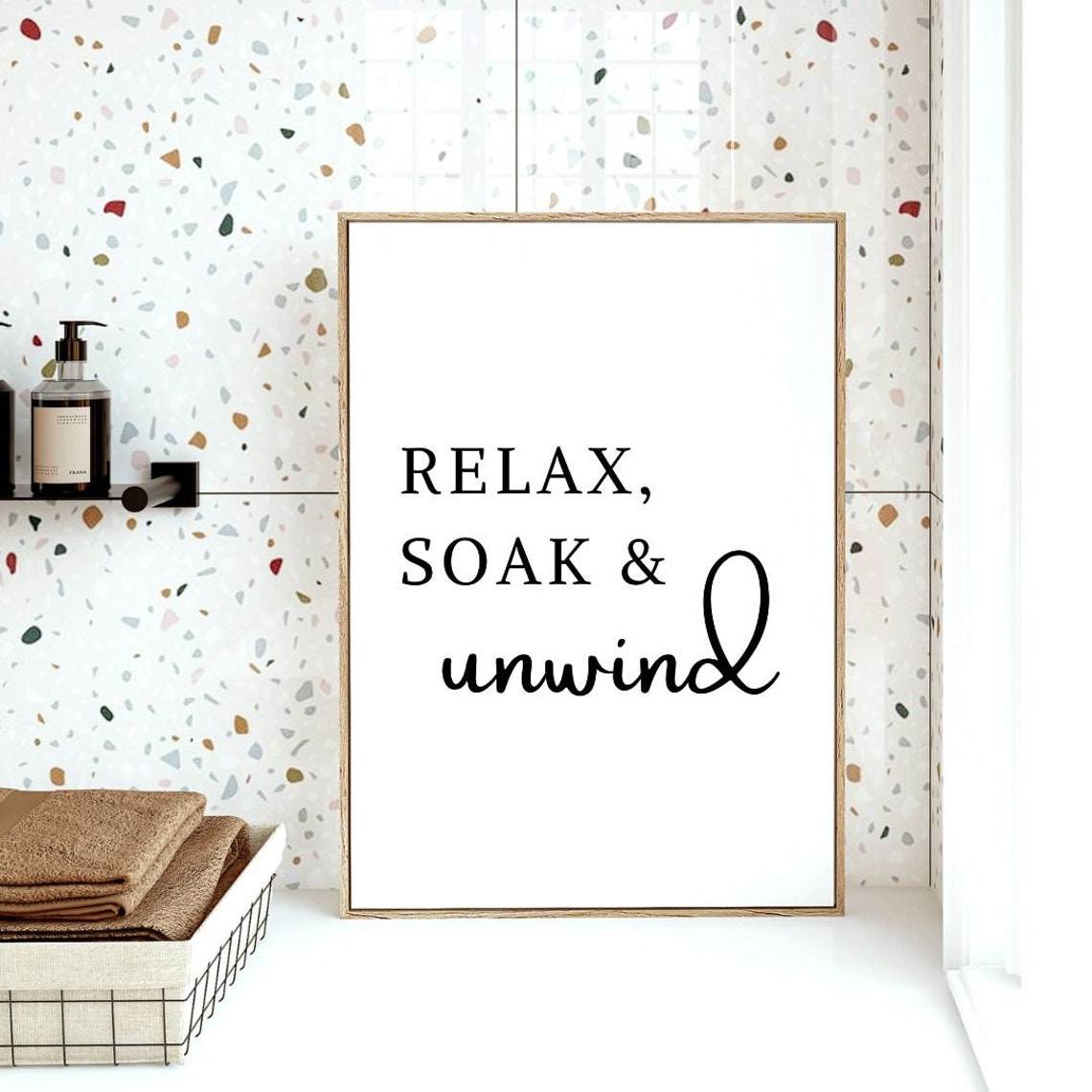 Relax Soak And Unwind Bathroom Script Minimalist Spa Room Poster - Image 3