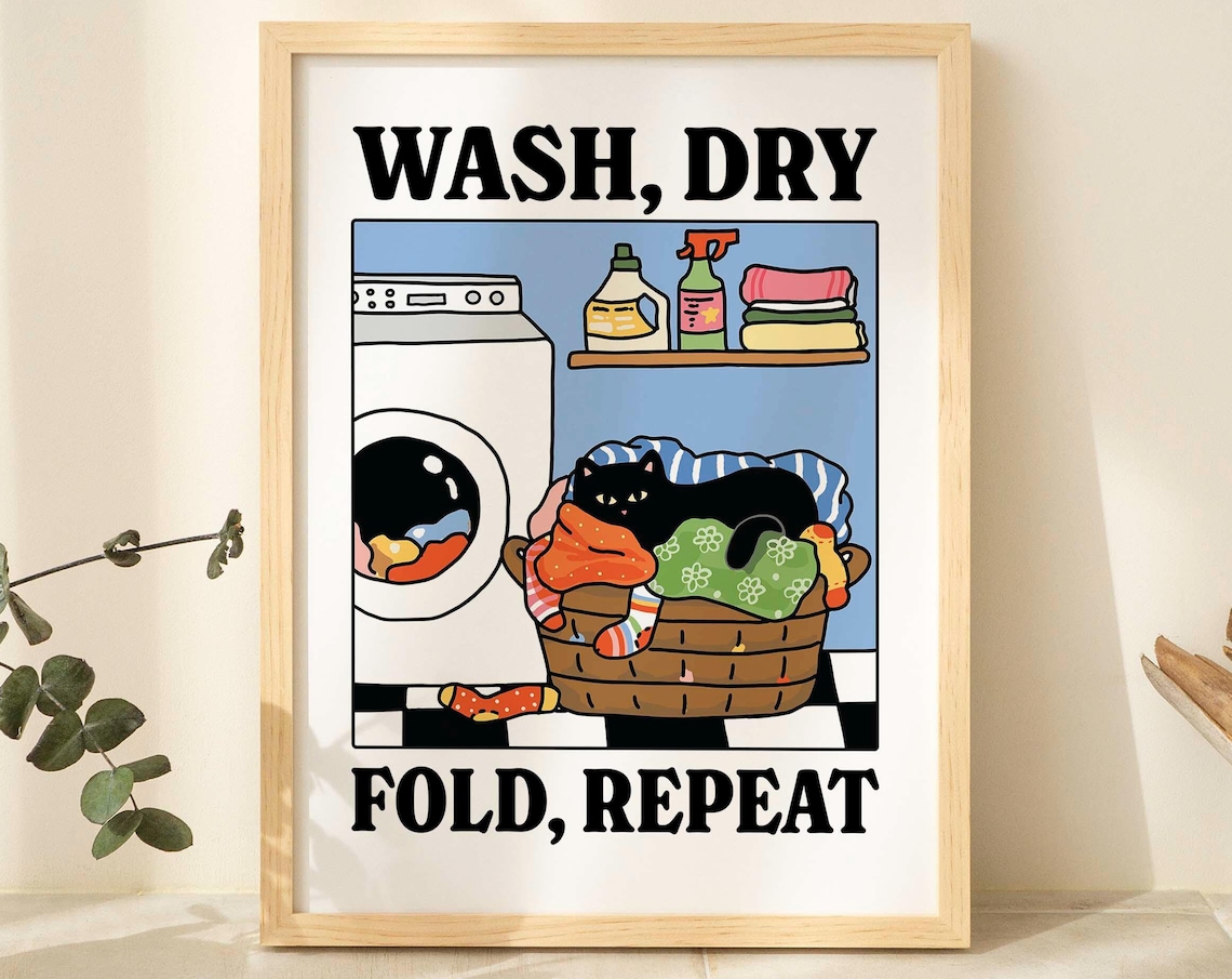 Wash Dry Fold Repeat Cat Retro Bathroom Art Print
