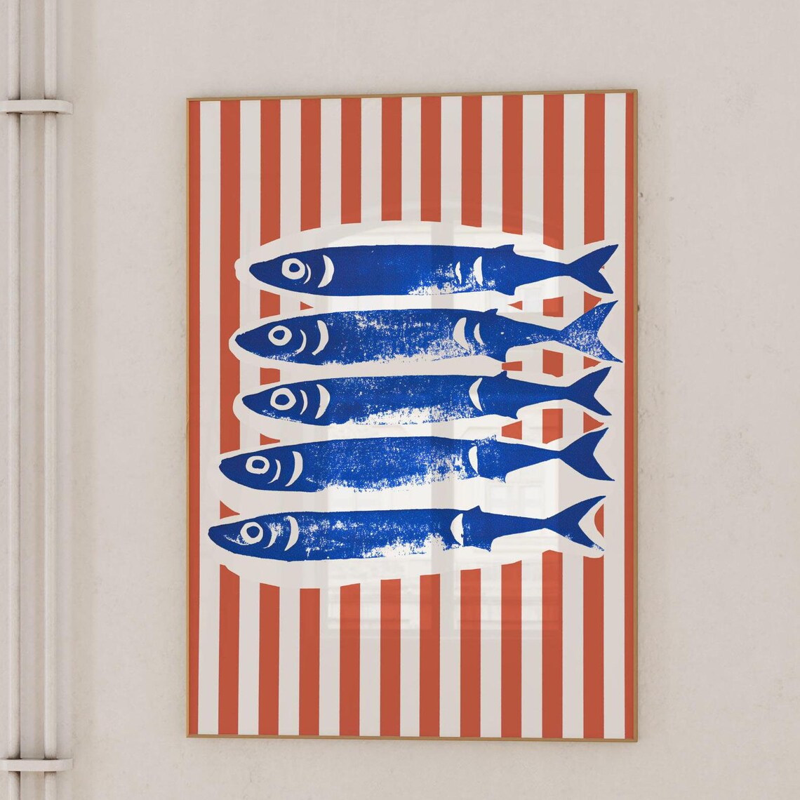 Retro Blue Sardines Poster with Red and White Striped Background