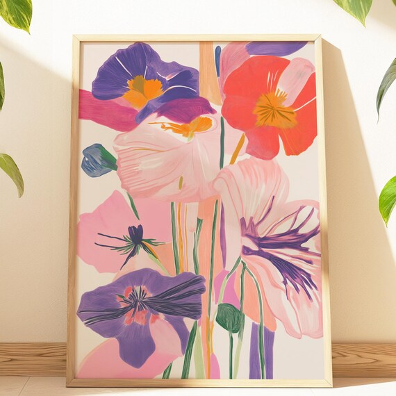 Colorful Modern Floral Art Print Abstract Poppy Botanical Wall In Vibrant Pink And Purple