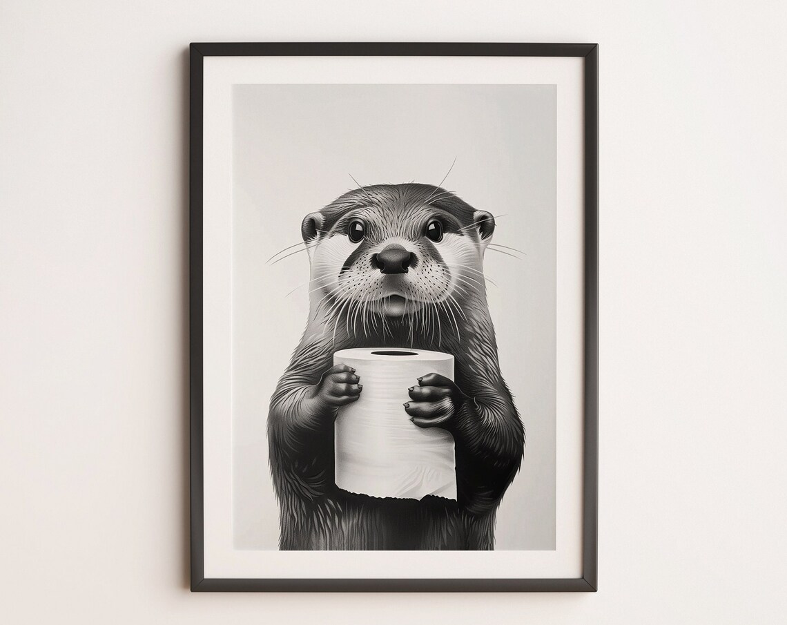 Cute Bathroom Otter Art Print, Black And White