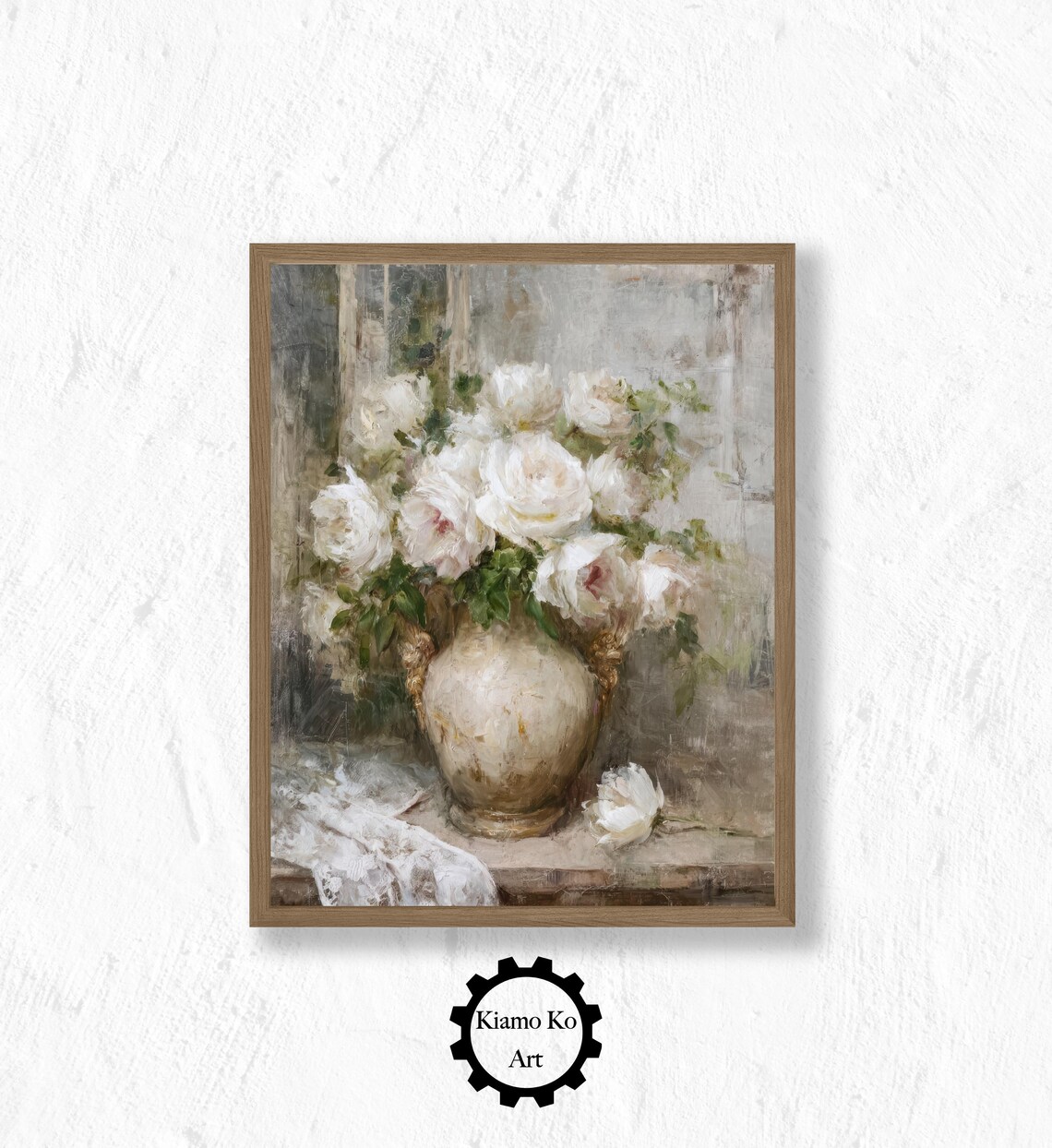 White Roses in an Aged Cream Urn Vintage Floral Still Life Poster