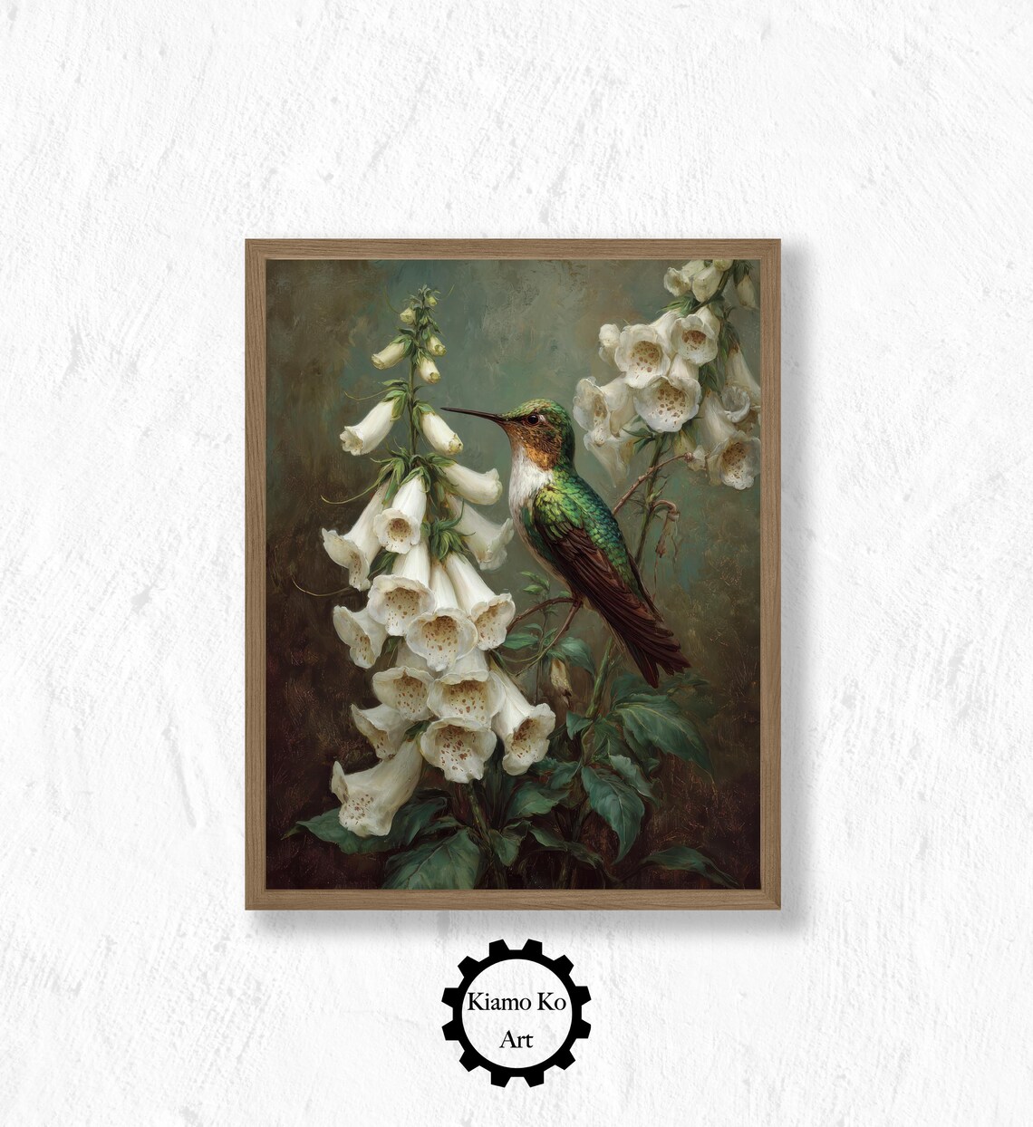 Hummingbird Perched On White Foxglove Blossoms Garden Poster