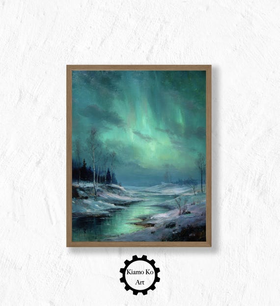 Enchanting Aurora Nature Wall Art Green Northern Lights Print Cozy Home Decor For Lovers Vintage