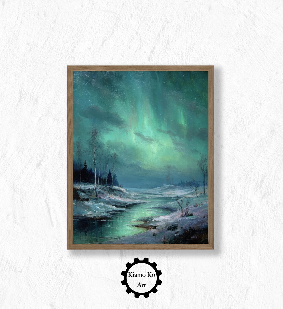 Green Aurora Over Snowy Lake Cabin and Deer Winter Night Poster